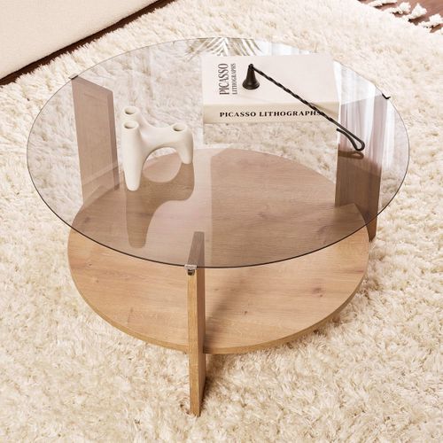 Table Basse Ronde Effet Chêne Et Verre Fumé D.75 Cm - Elora