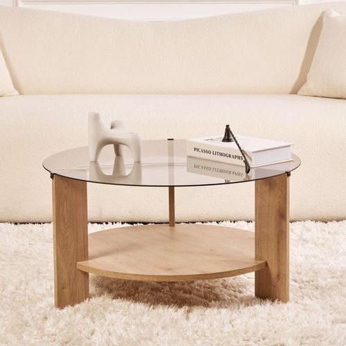 Table Basse Ronde Effet Chêne Et Verre Fumé D.75 Cm - Elora