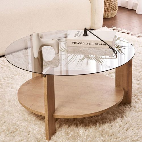 Table Basse Ronde Effet Chêne Et Verre Fumé D.75 Cm - Elora