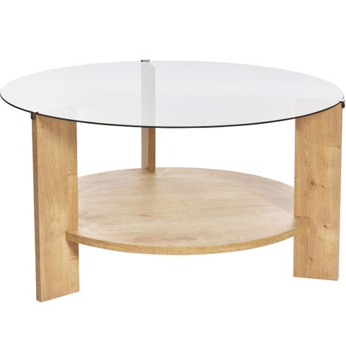 Table Basse Ronde Effet Chêne Et Verre Fumé D.75 Cm - Elora