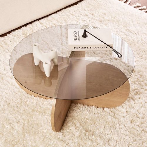 Table Basse Ronde Effet Chêne Clair Et Verre Fumé D.75 Cm - Eolia