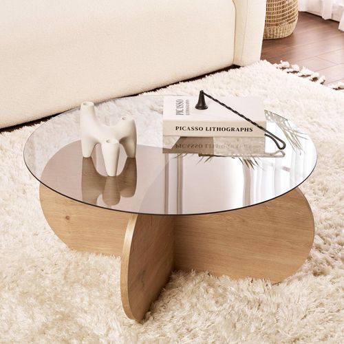 Table Basse Ronde Effet Chêne Clair Et Verre Fumé D.75 Cm - Eolia