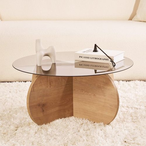 Table Basse Ronde Effet Chêne Clair Et Verre Fumé D.75 Cm - Eolia