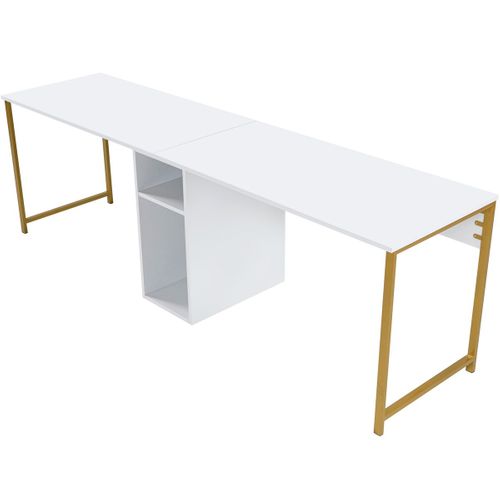 Bureau Double Avec Rangement Central Blanc, Piètement Doré 240 Cm - Orsa