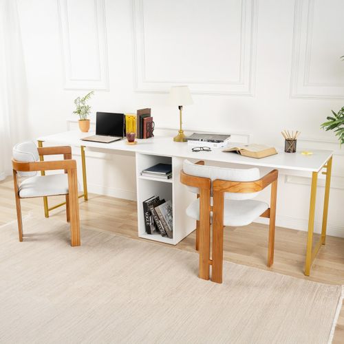 Bureau Double Avec Rangement Central Blanc, Piètement Doré 240 Cm - Orsa