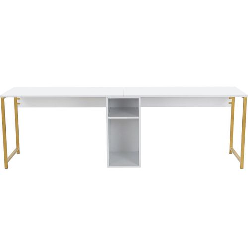 Bureau Double Avec Rangement Central Blanc, Piètement Doré 240 Cm - Orsa