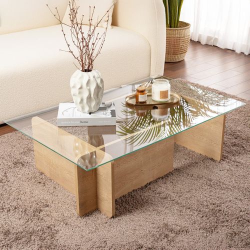 Table Basse Rectangulaire Effet Chêne Clair Et Verre 105 Cm - Naelis