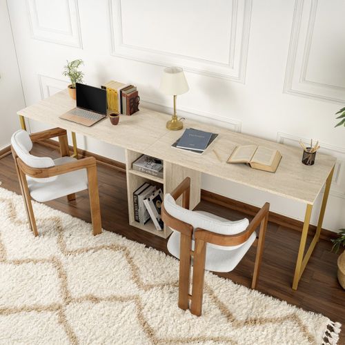 Bureau Double Avec Rangement Central Effet Travertin, Piètement Doré 240 Cm - Orsa