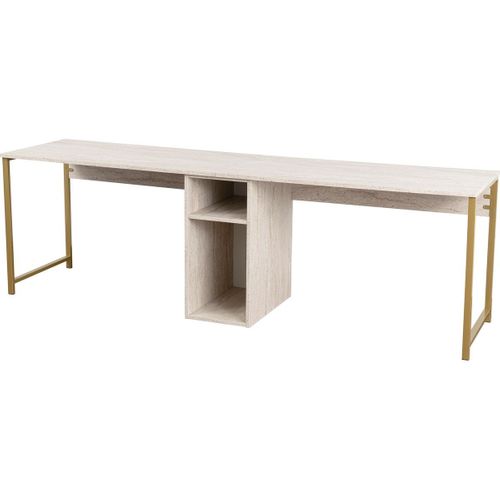 Bureau Double Avec Rangement Central Effet Travertin, Piètement Doré 240 Cm - Orsa