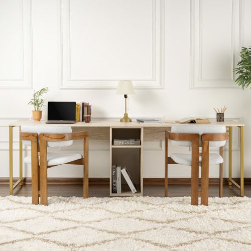Bureau Double Avec Rangement Central Effet Travertin, Piètement Doré 240 Cm - Orsa