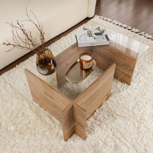 Table Basse Rectangulaire Effet Bois Et Verre 105 Cm - Kael