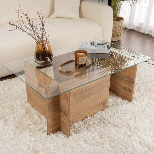 Table Basse Rectangulaire Effet Bois Et Verre 105 Cm - Kael