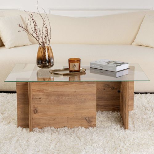 Table Basse Rectangulaire Effet Bois Et Verre 105 Cm - Kael