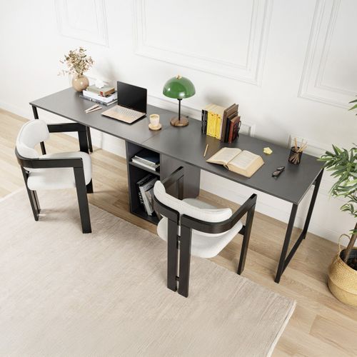 Bureau Double Avec Rangement Central Gris Anthracite, Piètement Noir 240 Cm - Orsa