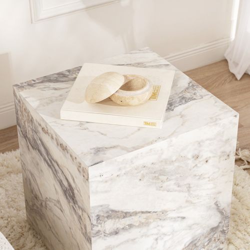 Table D'appoint Cubique Effet Marbre Blanc 45 Cm - Vanya