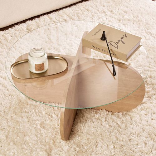 Table Basse Ronde Effet Chêne Clair Et Verre D.75 Cm - Eolia