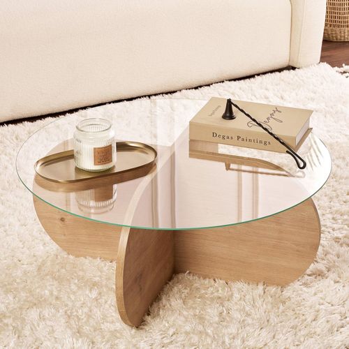 Table Basse Ronde Effet Chêne Clair Et Verre D.75 Cm - Eolia