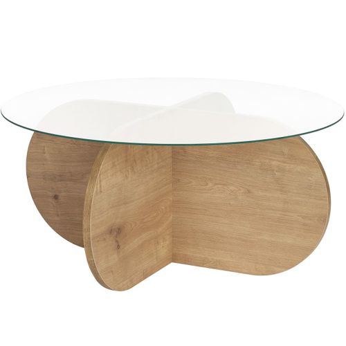 Table Basse Ronde Effet Chêne Clair Et Verre D.75 Cm - Eolia