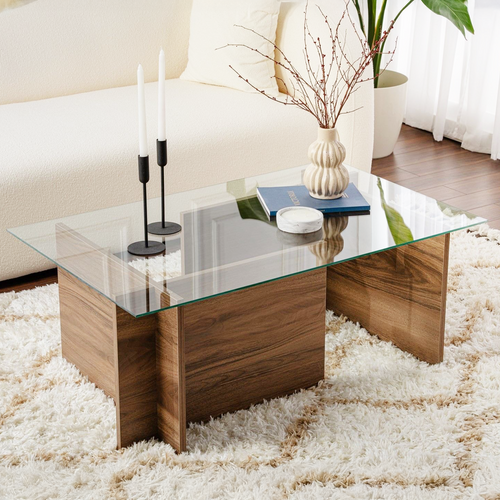 Table Basse Rectangulaire Effet Noyer Et Verre 105 Cm - Kael