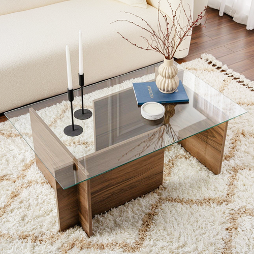 Table Basse Rectangulaire Effet Noyer Et Verre 105 Cm - Kael