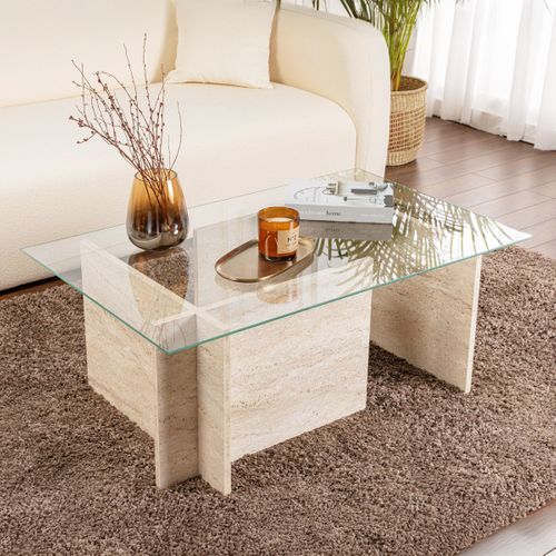 Table Basse Rectangulaire Effet Travertin Et Verre 105 Cm - Kael