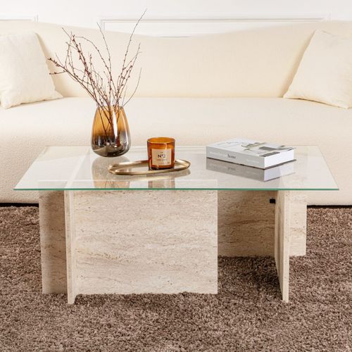 Table Basse Rectangulaire Effet Travertin Et Verre 105 Cm - Kael