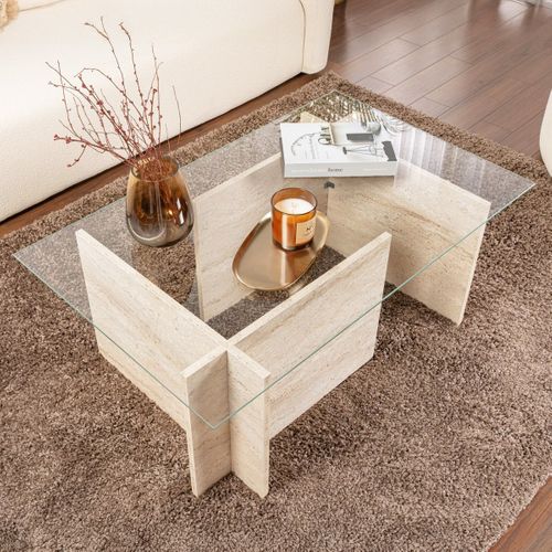 Table Basse Rectangulaire Effet Travertin Et Verre 105 Cm - Kael