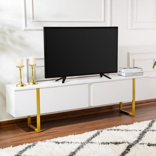 Meuble TV 2 Portes Blanc Avec Piètement Doré 180 Cm - Tessa