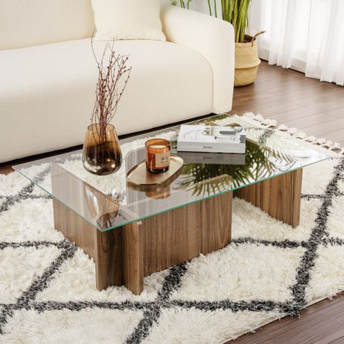 Table Basse Rectangulaire Effet Noyer Et Verre 105 Cm - Naelis