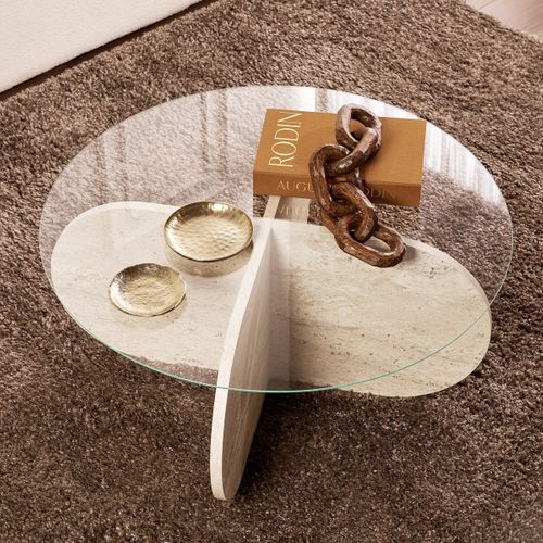 Table Basse Ronde Effet Travertin Et Verre D.75 Cm - Eolia