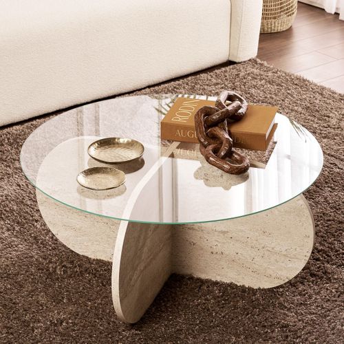 Table Basse Ronde Effet Travertin Et Verre D.75 Cm - Eolia