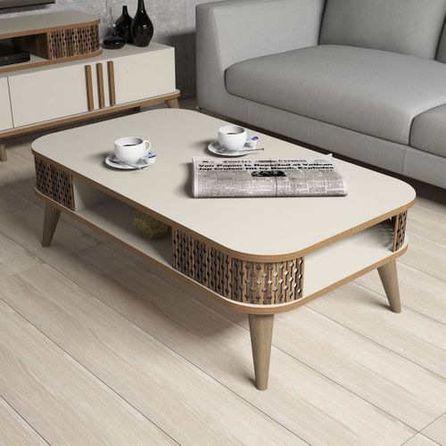 Table Basse Avec Niche De Rangement Beige et Effet Chêne 105 Cm - Etta