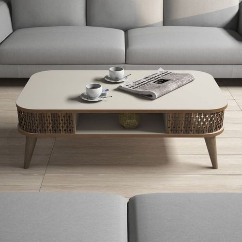 Table Basse Avec Niche De Rangement Beige et Effet Chêne 105 Cm - Etta