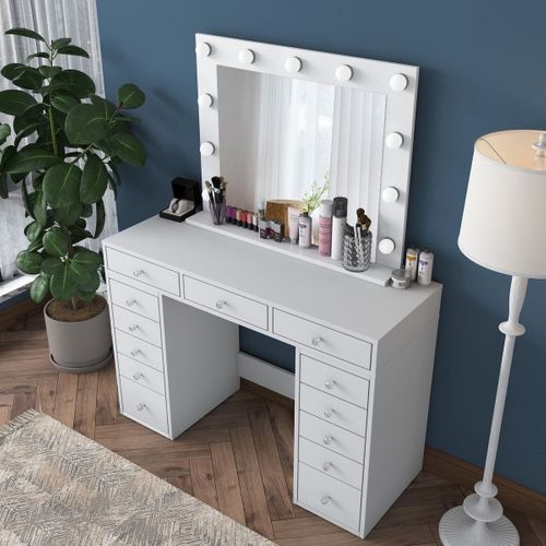 Coiffeuse 13 Tiroirs Blanche Avec Miroir Lumineux 120 Cm - Arezzo