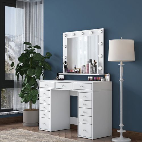 Coiffeuse 13 Tiroirs Blanche Avec Miroir Lumineux 120 Cm - Arezzo