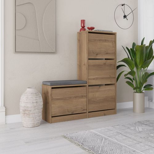 Meuble à Chaussures 4 Portes Avec Banc Effet Bois Foncé 105 Cm - Kira