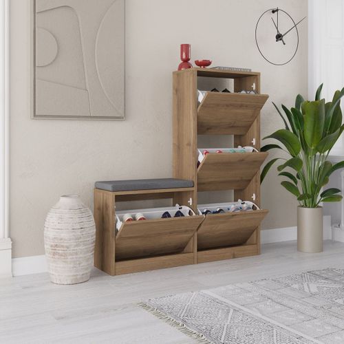 Meuble à Chaussures 4 Portes Avec Banc Effet Bois Foncé 105 Cm - Kira