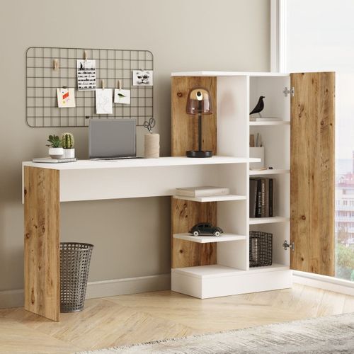 Bureau Combiné Bicolore Blanc Et Effet Bois 152 Cm - Elyra