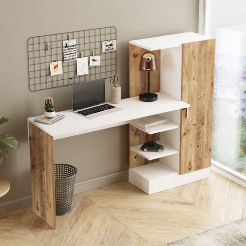Bureau Combiné Bicolore Blanc Et Effet Bois 152 Cm - Elyra