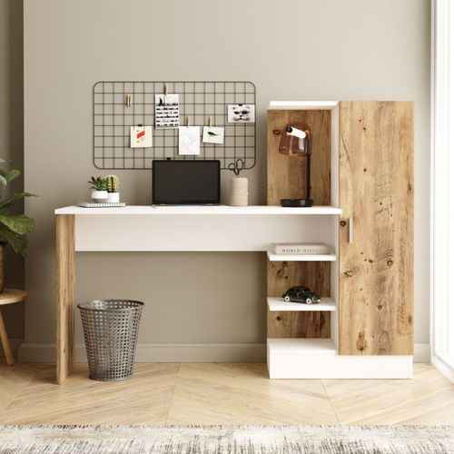 Bureau Combiné Bicolore Blanc Et Effet Bois 152 Cm - Elyra