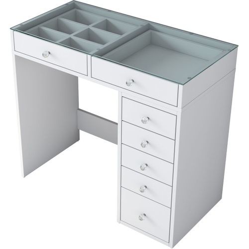 Coiffeuse 7 Tiroirs Blanche Avec Plateau En Verre 90 Cm - Arezzo