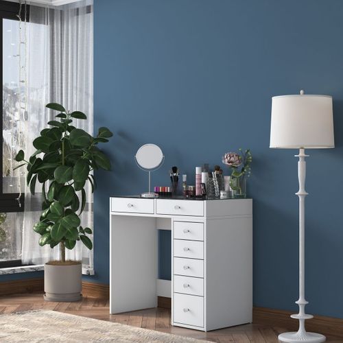 Coiffeuse 7 Tiroirs Blanche Avec Plateau En Verre 90 Cm - Arezzo