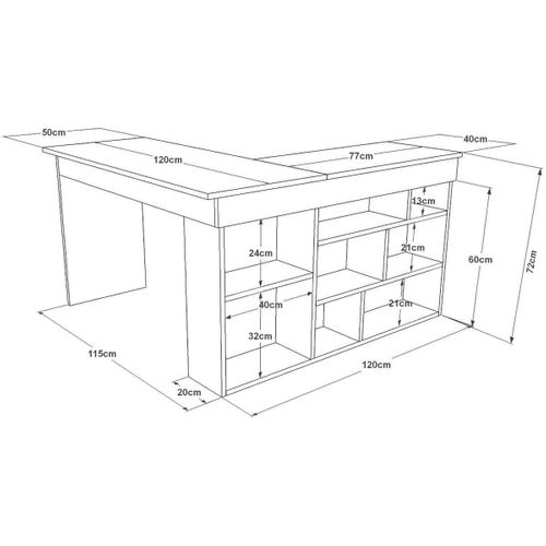 Bureau D'angle Blanc, Piètement Et Rangements Effet Bois 120x120 Cm - Elyra