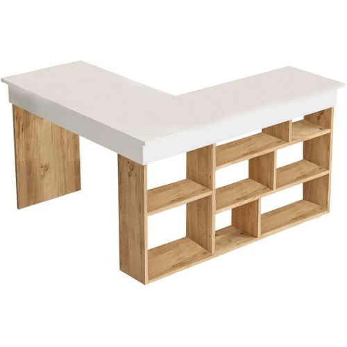 Bureau D'angle Blanc, Piètement Et Rangements Effet Bois 120x120 Cm - Elyra