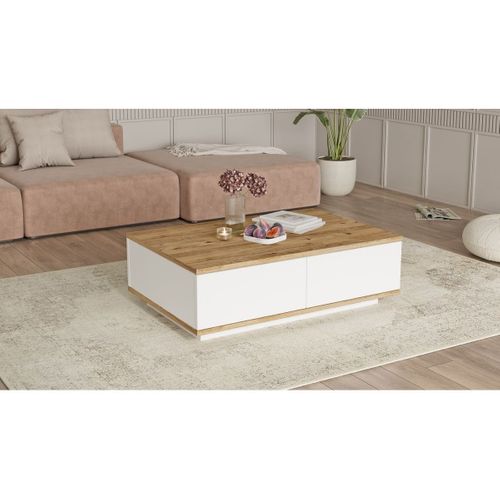 Table Basse Rectangulaire 4 Portes Blanc et Effet Bois 90 Cm - Ravia