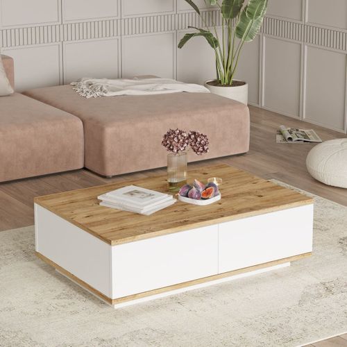 Table Basse Rectangulaire 4 Portes Blanc et Effet Bois 90 Cm - Ravia