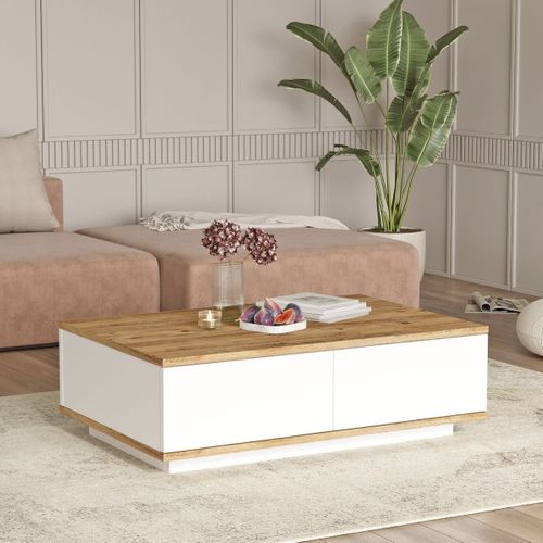Table Basse Rectangulaire 4 Portes Blanc et Effet Bois 90 Cm - Ravia
