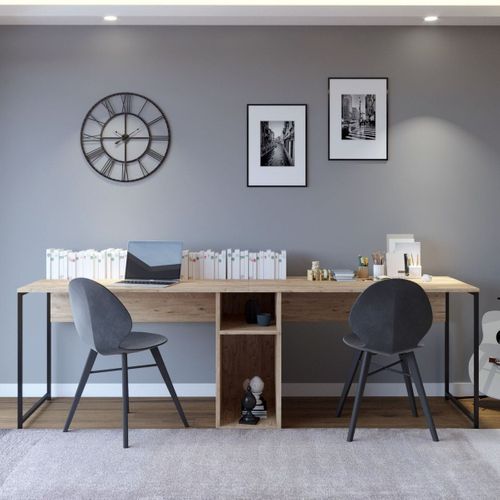 Bureau Double Avec Rangement Central Effet Bois, Piètement Noir 240 Cm - Orsa
