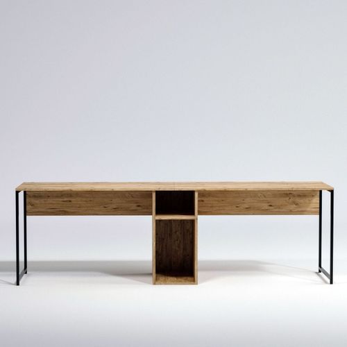 Bureau Double Avec Rangement Central Effet Bois, Piètement Noir 240 Cm - Orsa