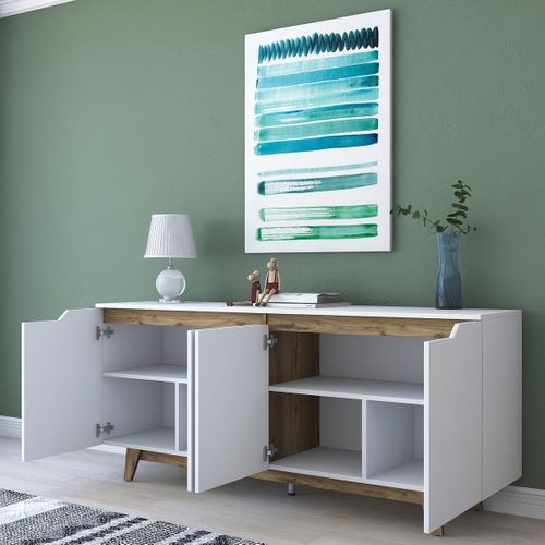 Buffet 4 Portes Blanc, Piètement Noyer 180 Cm - Nola